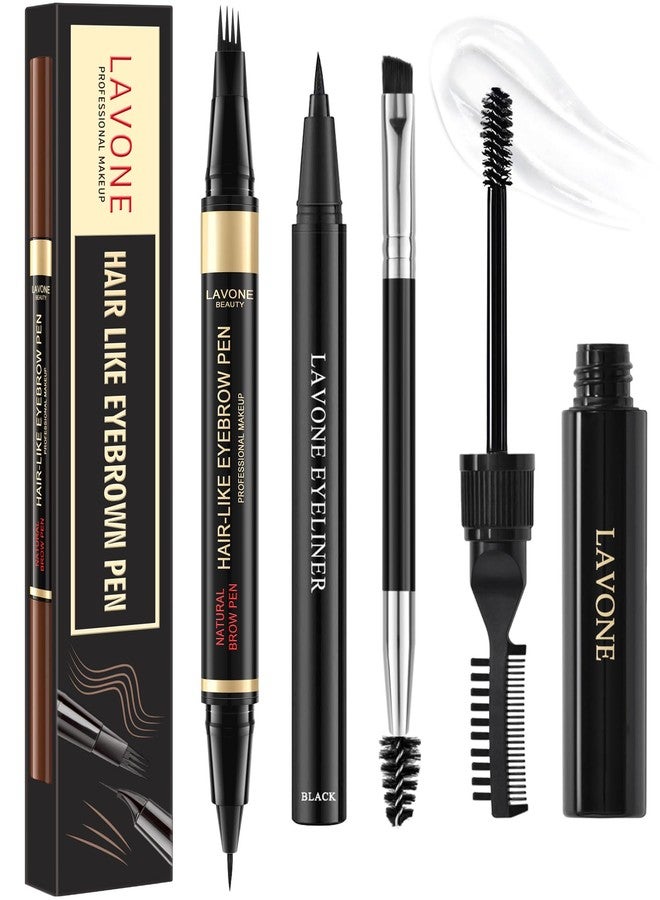 LAVONE Eyebrow Pencil Kit, with Microblading Eyebrow Pen, Eyebrow Gel, Eyeliner, Eyebrow Brush, Eyebrow Pencils for Women, Waterproof, Smudge Proof, Long Lasting Makeup Formula - Black Brown - Image 1